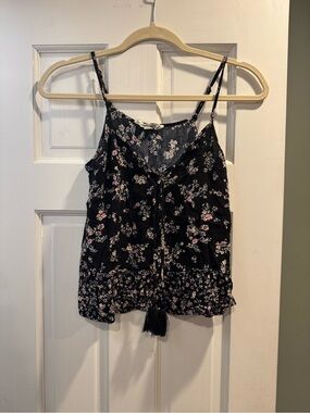 Floral Tie-Front Spaghetti Strap Tank Top - Black with Pink Floral size MEDIUM